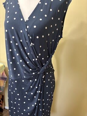 Polka Dot Sleeveless Wrap-Style Midi Dress in Navy
